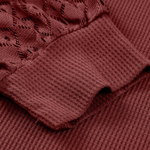 Red Eyelet Lace Raglan Sleeve Drop Shoulder Plus Size Top - Picture 8 of 11